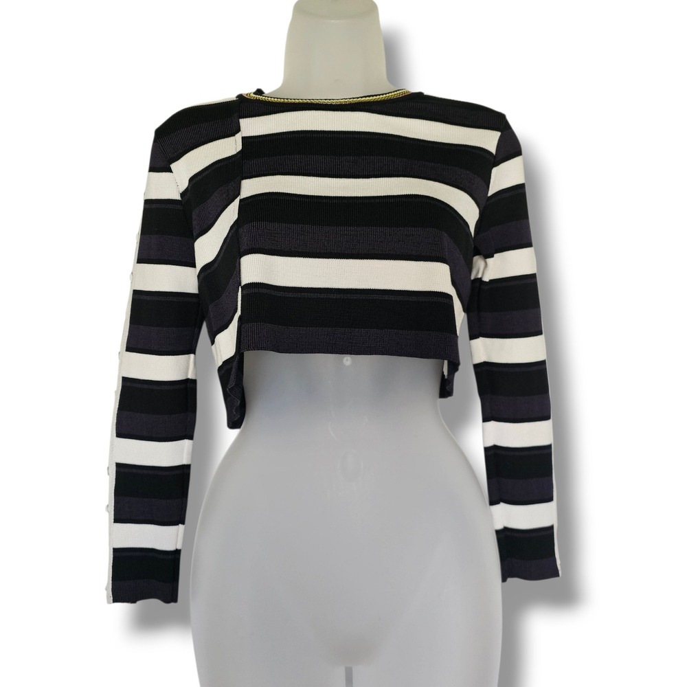 Animale Cropped Sweater P/S Women Black White Striped Asymmetrical Button Sleeve